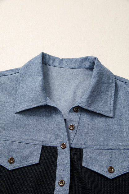 Colorblock Denim Waffle Knit Patchwork Polo Top