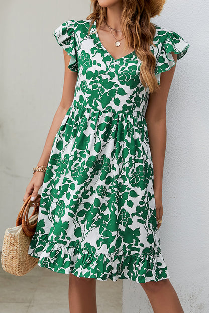 Floral Flutter Sleeve V-Neck Dress