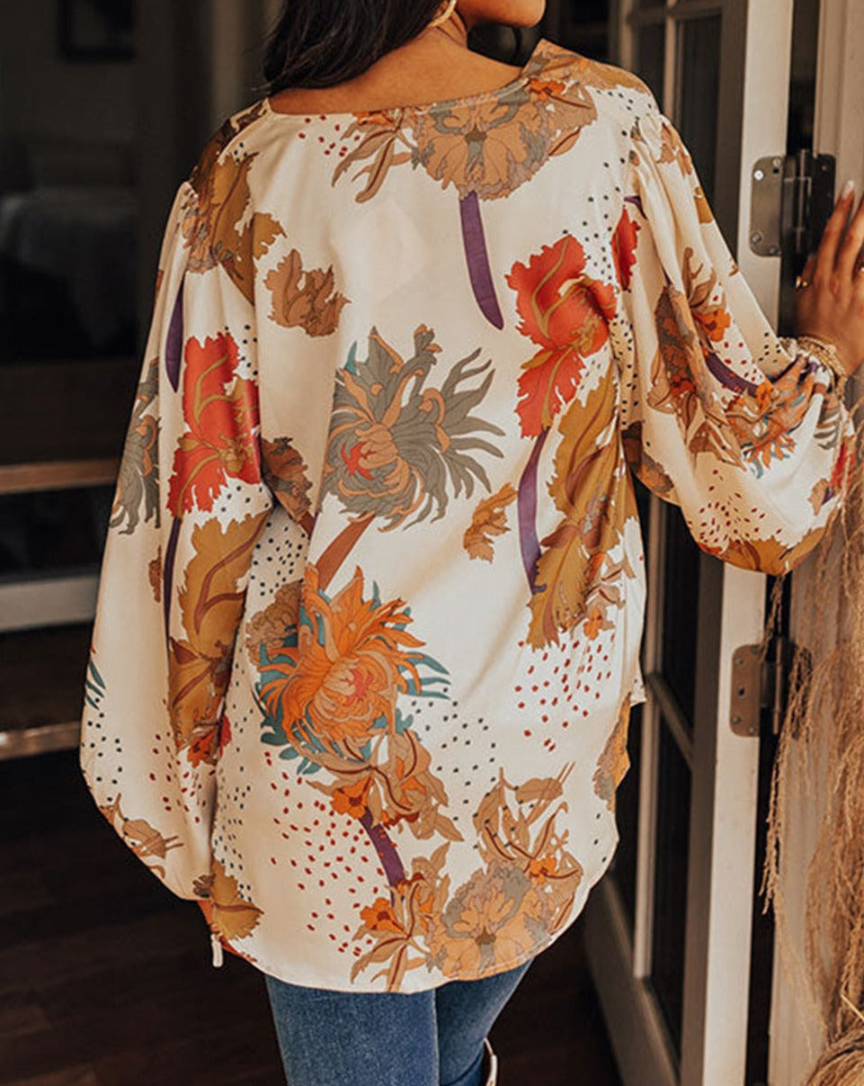 Floral V-Neck Puff Sleeve Blouse