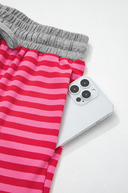 Stripe Contrast Elastic Waist Ribbed Shorts
