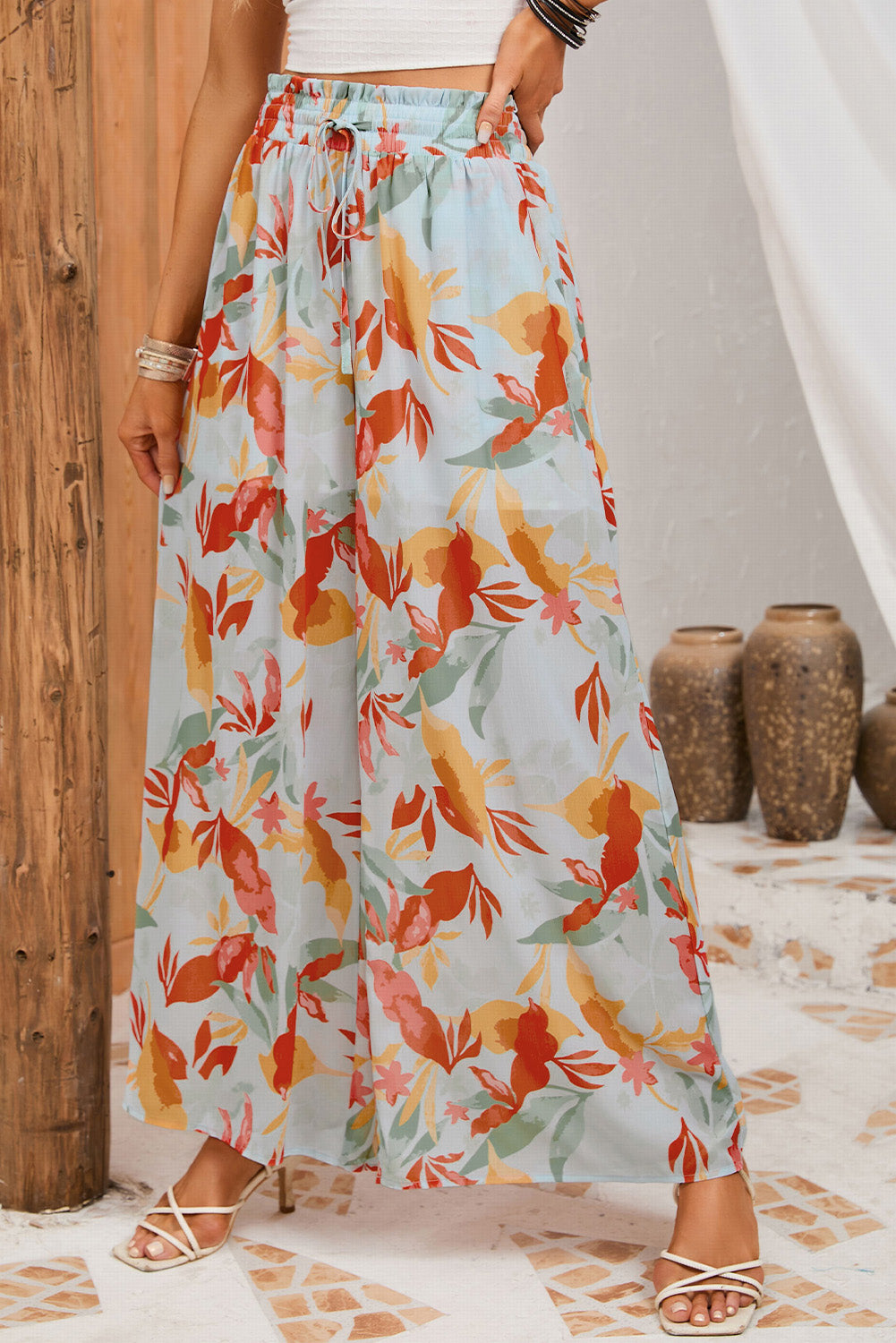 Floral Drawstring Wide Leg Pants