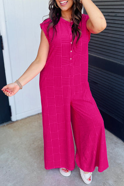 Textured Sleeveless Button Front Jumpsuit