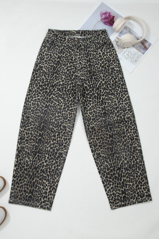 Leopard High Waist Barrel Leg Jeans