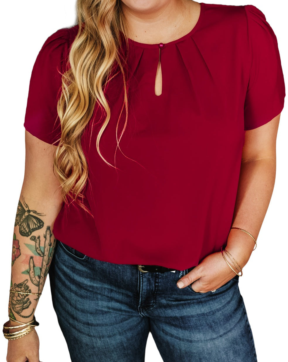 Pleated Keyhole Crewneck T-Shirt Plus Size