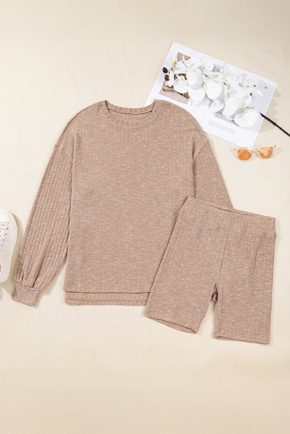 Ribbed Knit Pullover Top and Biker Short Set