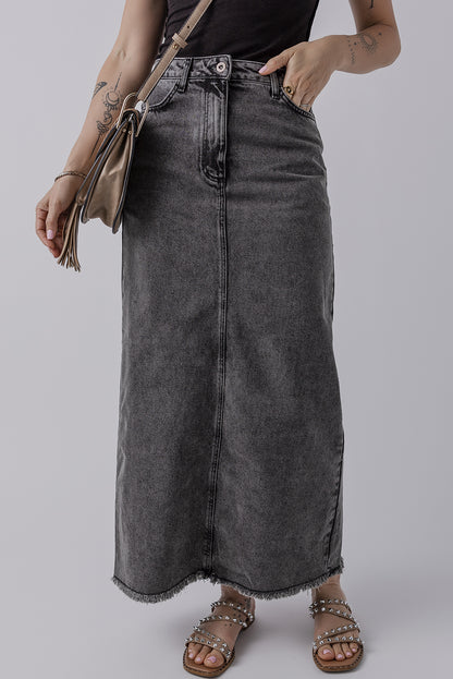 Denim Raw Hem Midi Skirt