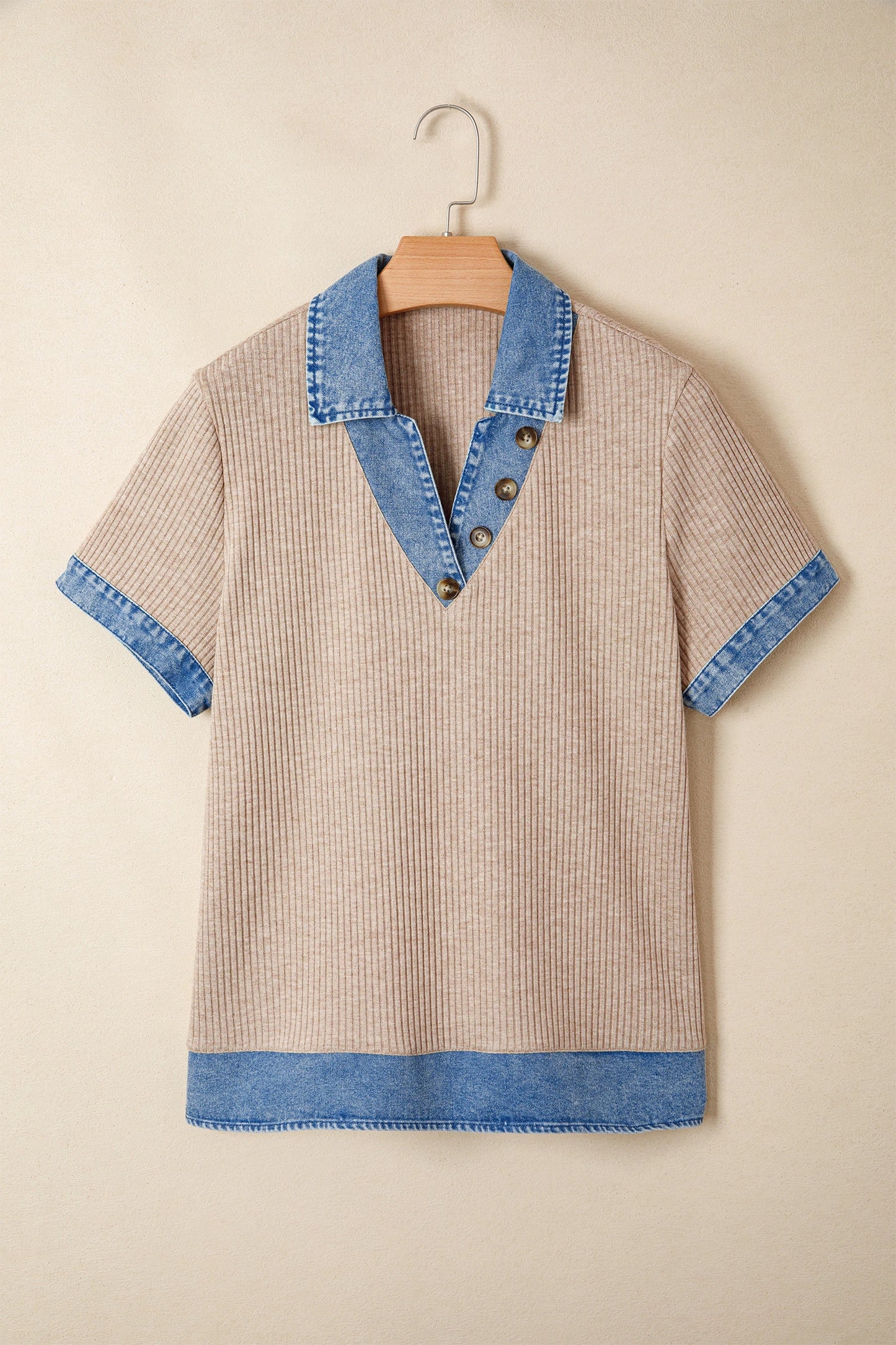 Denim Patchwork Ribbed Knit Collared Blouse