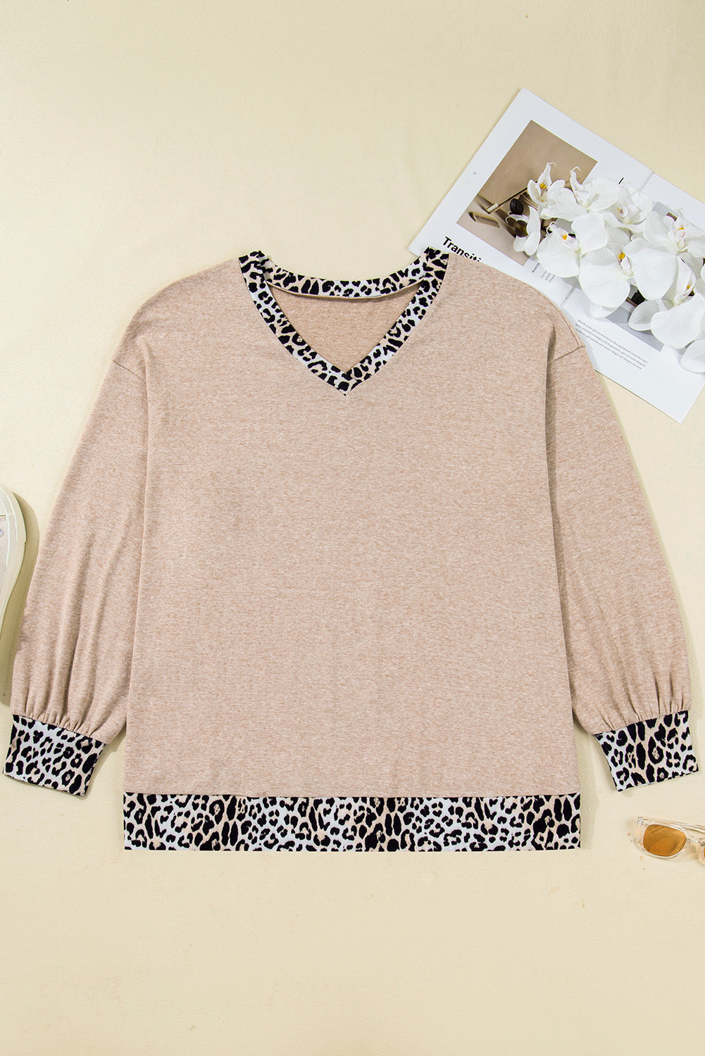 Plus Size Leopard Patchwork V-Neck Long Sleeve Top