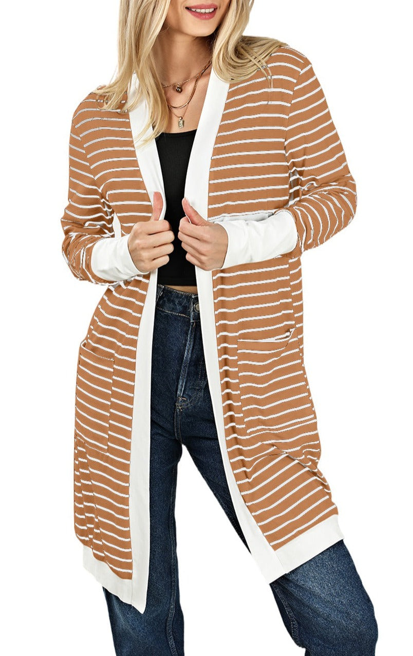 Stripe Pocketed Open Front Cardigan