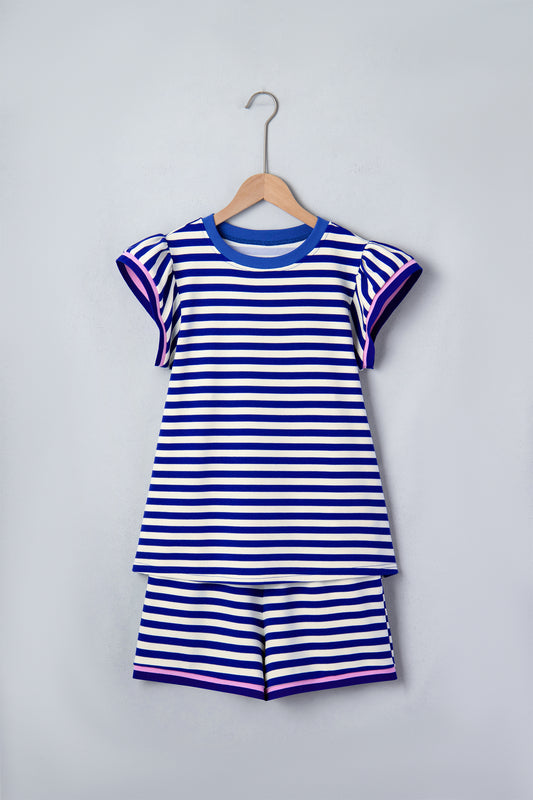 Stripe Cap Sleeve Top & Contrast Trim Shorts Set