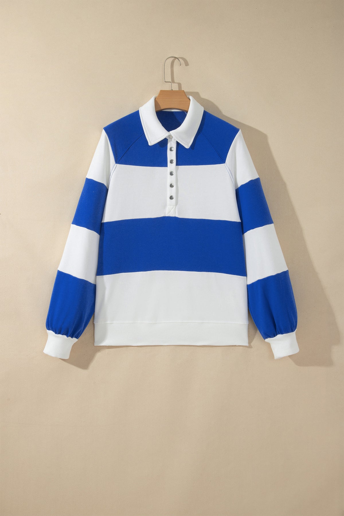 PRETTY BASH Colorblock Stripe Puff Sleeve Buttoned Collar Sweatshirt