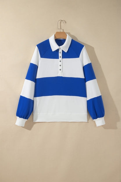 PRETTY BASH Colorblock Stripe Puff Sleeve Buttoned Collar Sweatshirt