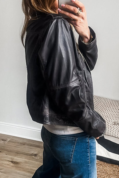 Leather Lapel Collar Zip Up Jacket