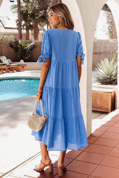 Gingham Bow Tie Short Sleeve Tiered Midi Dress