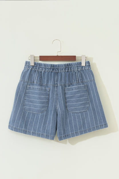 Stripe Denim Pleated Drawstring High Waist Shorts