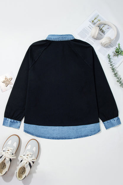 Plus Size Denim Patchwork Collared Long Sleeve Blouse
