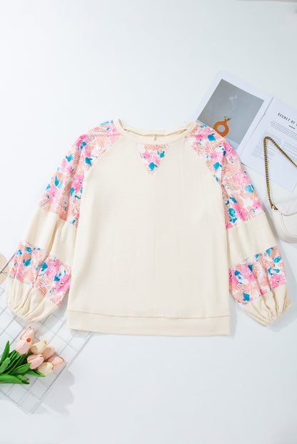 Floral Ribbed Puff Sleeve Top Plus Size