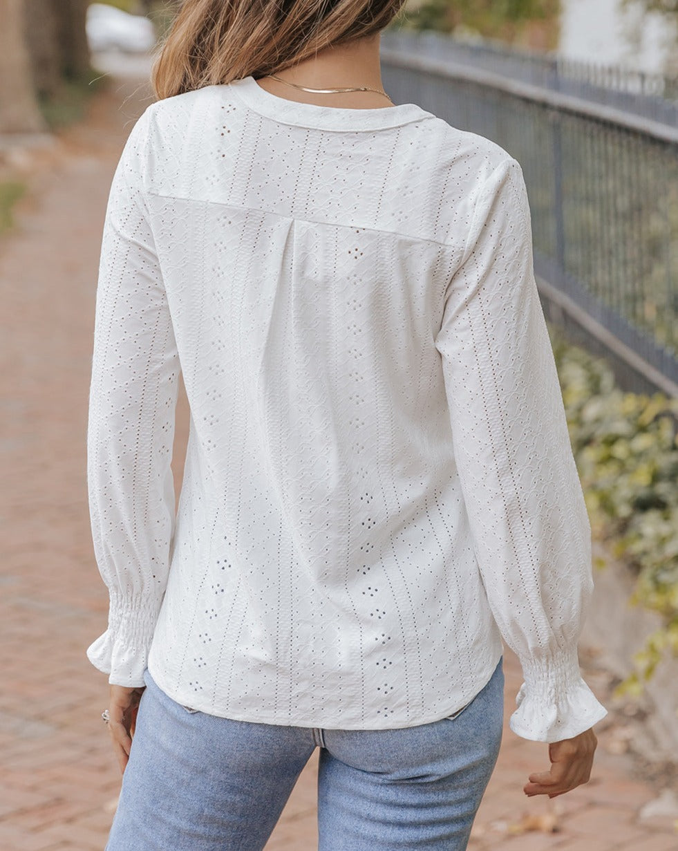 Eyelet Flounced Long Sleeve Blouse