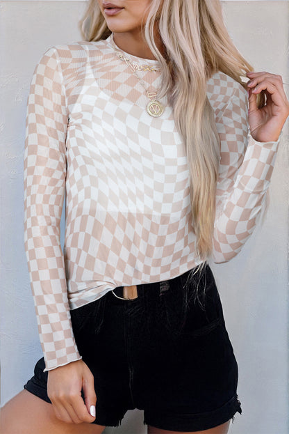 Checker Mesh Mock Neck Long Sleeve Top
