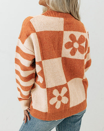 Checkered Floral Stripe Colorblock Sweater