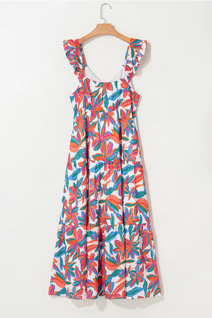 Floral Boho Ruffle Strap V-Neck Maxi Dress