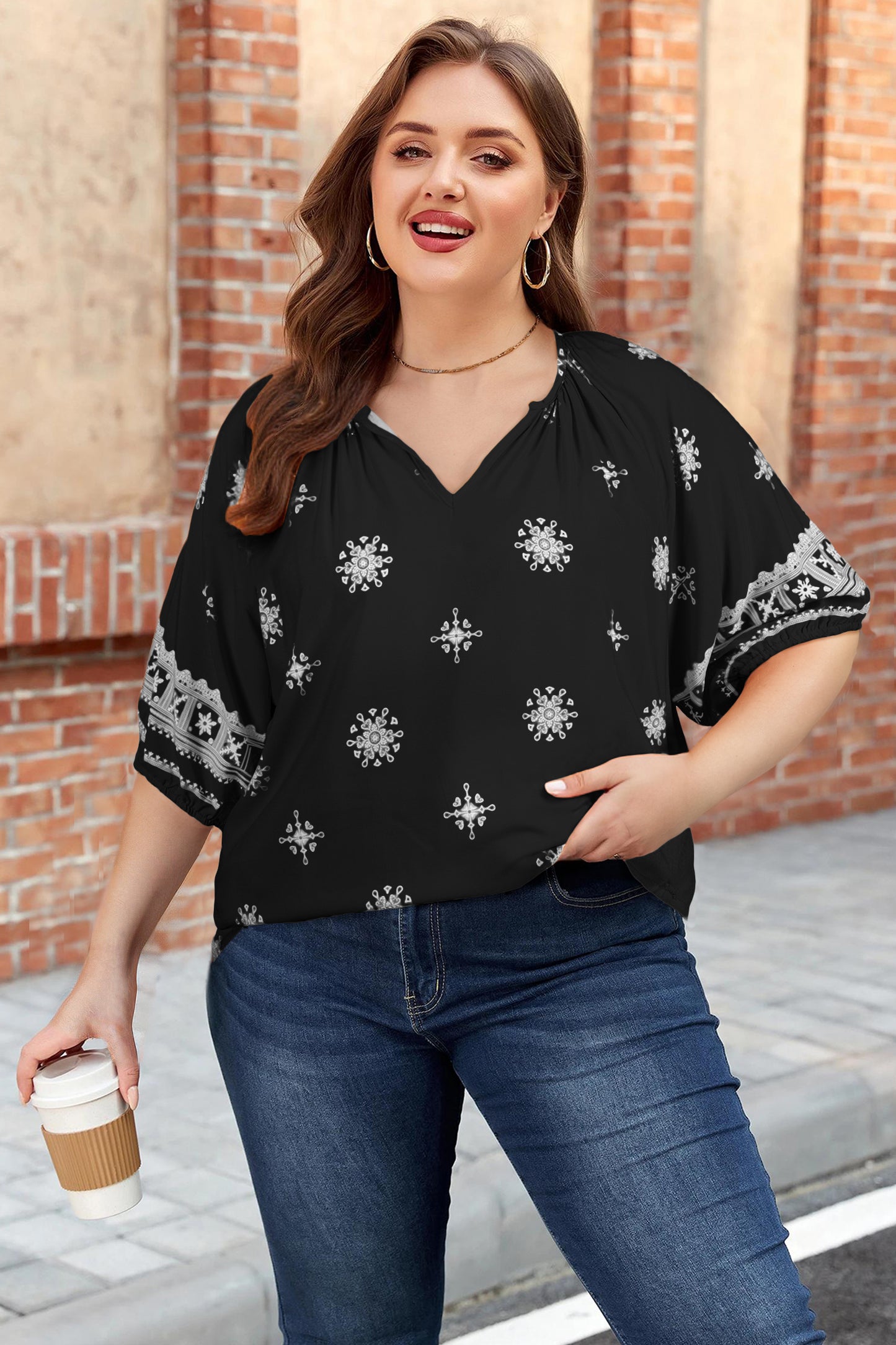 Plus Size Boho Floral Boho Notch V-Neck Top