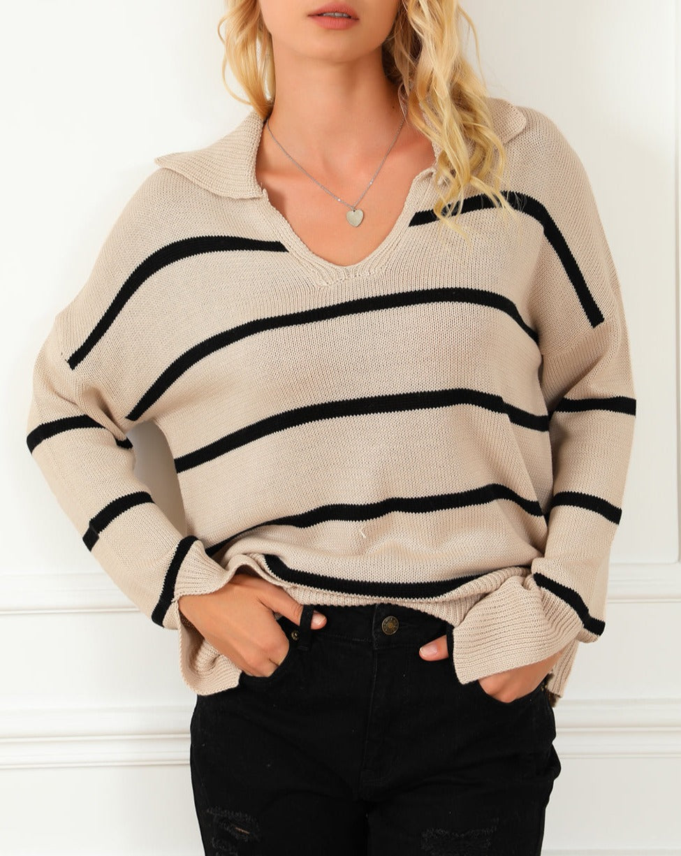 Stripe Collared V-Neck Pullover Sweater