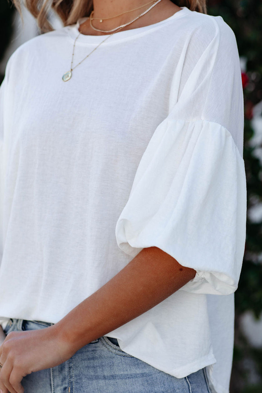 Bubble Sleeve Round Neck Blouse