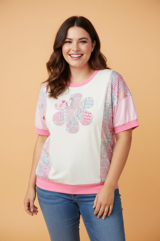 Plus Size Floral Patchwork Embroidered T-Shirt