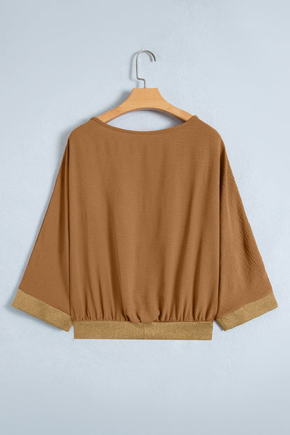 Metallic Trim 3/4 Sleeve Buttoned V-Neck Blouse