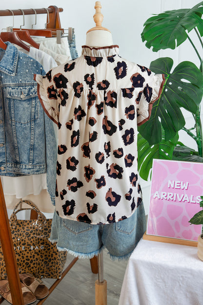 Leopard Ruffle Sleeve Button Up Blouse