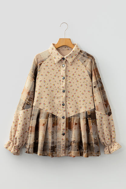 Floral Waffle Knit Plaid Patchwork Ruffle Shacket