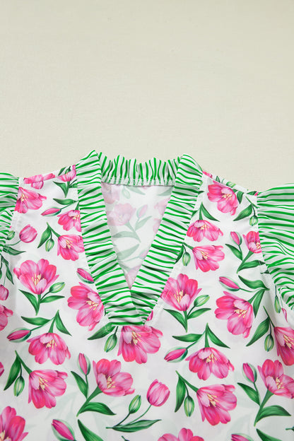 Floral Stripe Ruffle Trim V-Neck Blouse