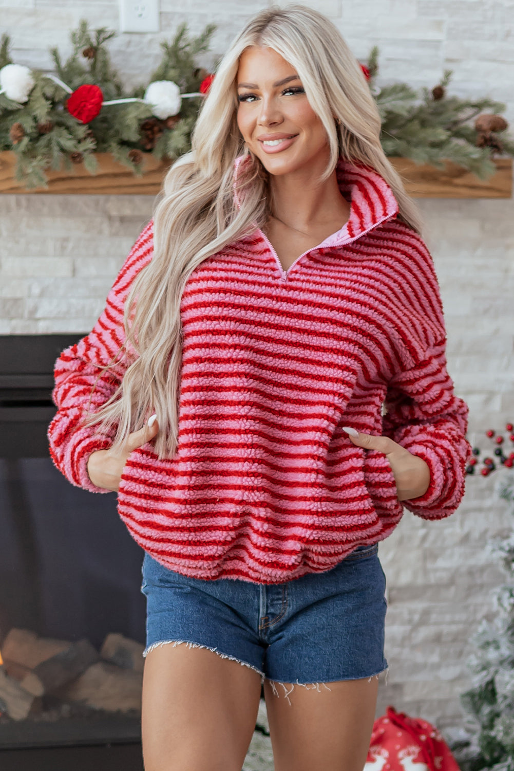 Stripe Fleece Quarter Zip Oversize Sweatshirt