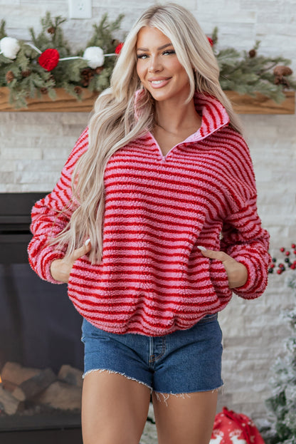 Stripe Fleece Quarter Zip Oversize Sweatshirt
