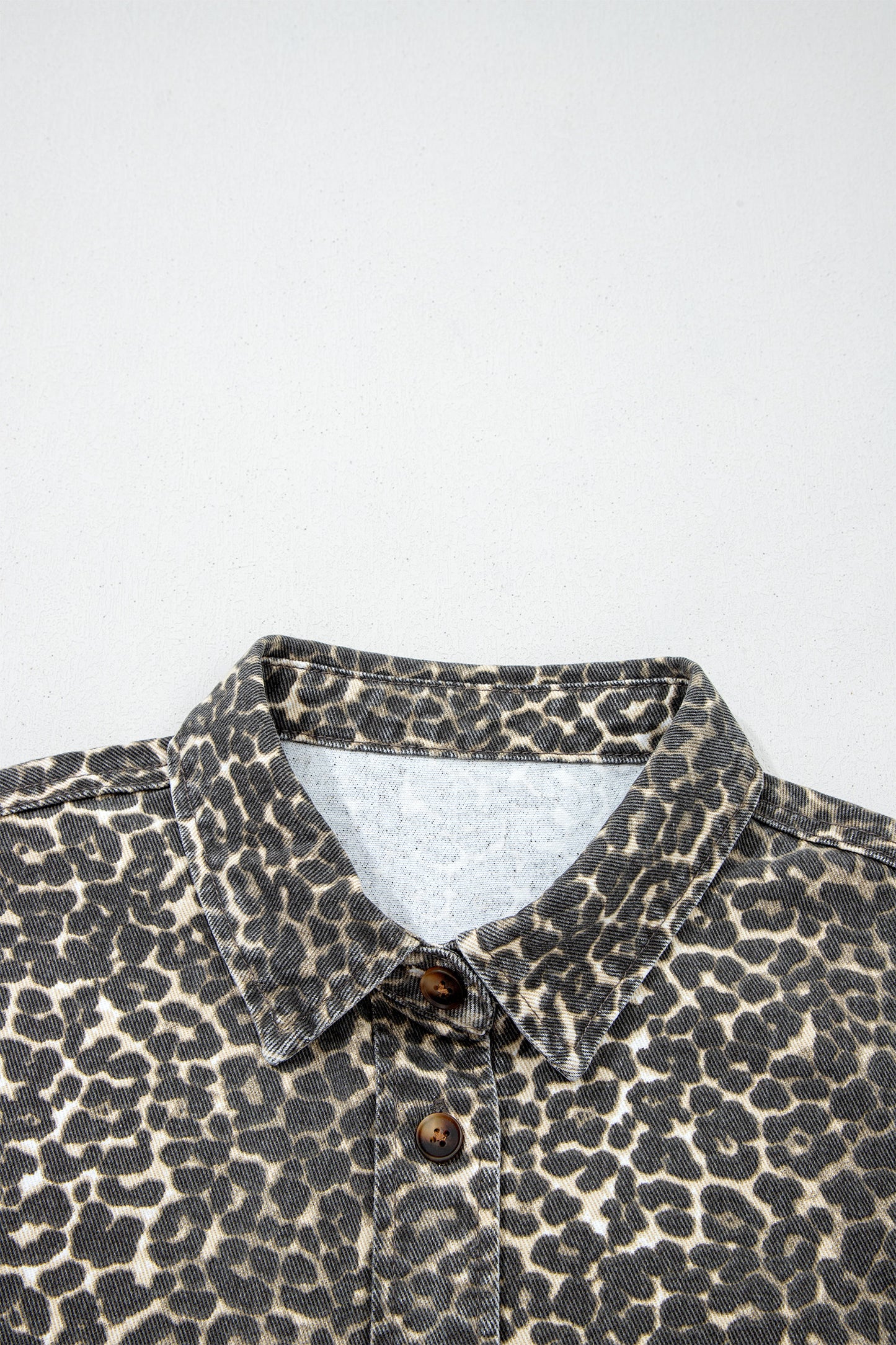 Leopard Denim Short Sleeve Button Up Cropped Shirt