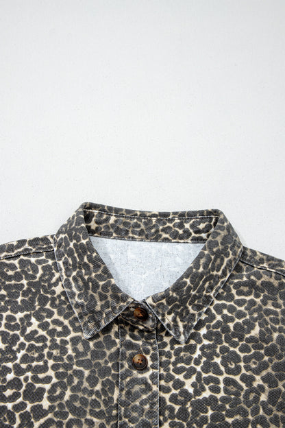 Leopard Denim Short Sleeve Button Up Cropped Shirt