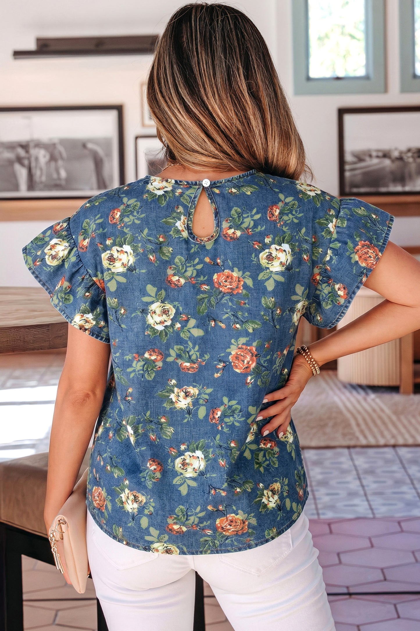 Floral Denim Ruffle Short Sleeve Top