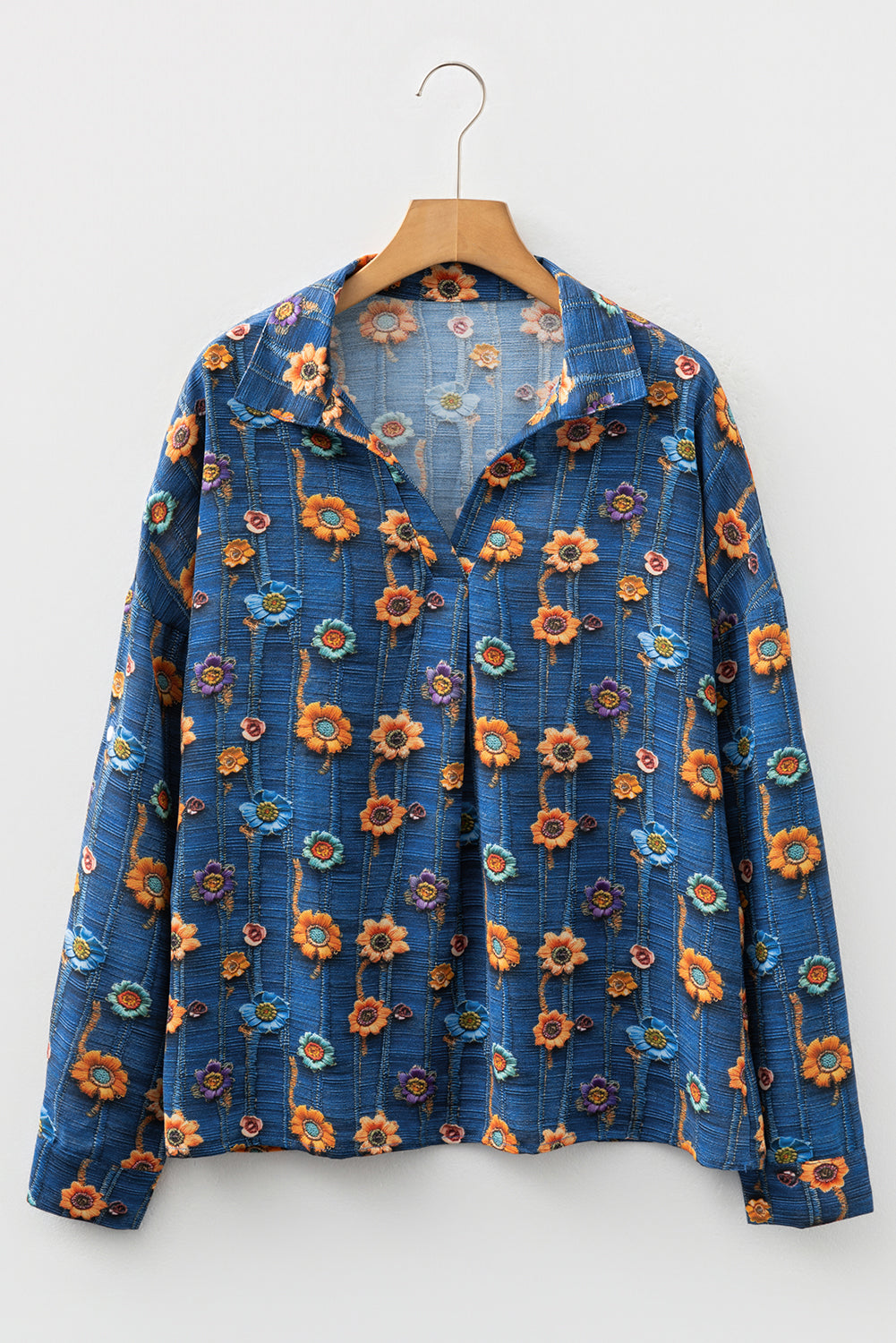 Floral Patchwork Long Sleeve Collared V-Neck Blouse