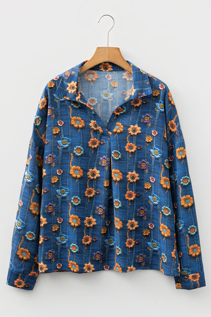 Floral Patchwork Long Sleeve Collared V-Neck Blouse