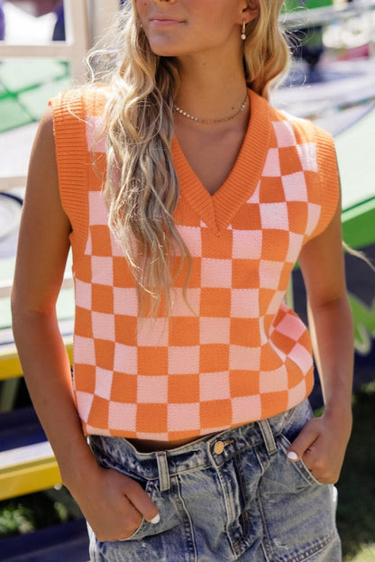 Checker V-Neck Sleeveless Sweater Top