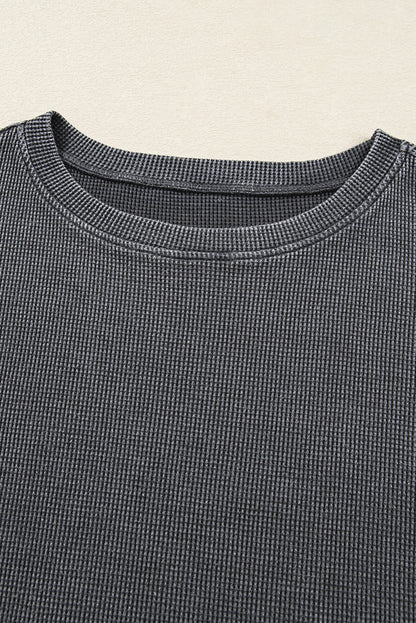 Waffle Knit Patchwork Long Sleeve Top