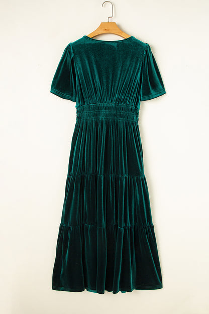Velvet Shirred Waist Tiered Maxi Dress