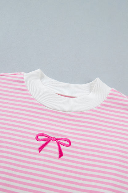 Stripe Bow Embroidered Contrast Mock Neck Sweatshirt