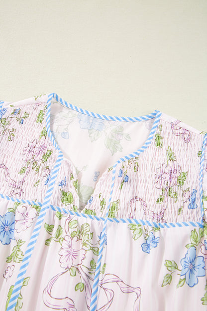 Floral Stripe Contrast Tie Split Neck Mini Dress