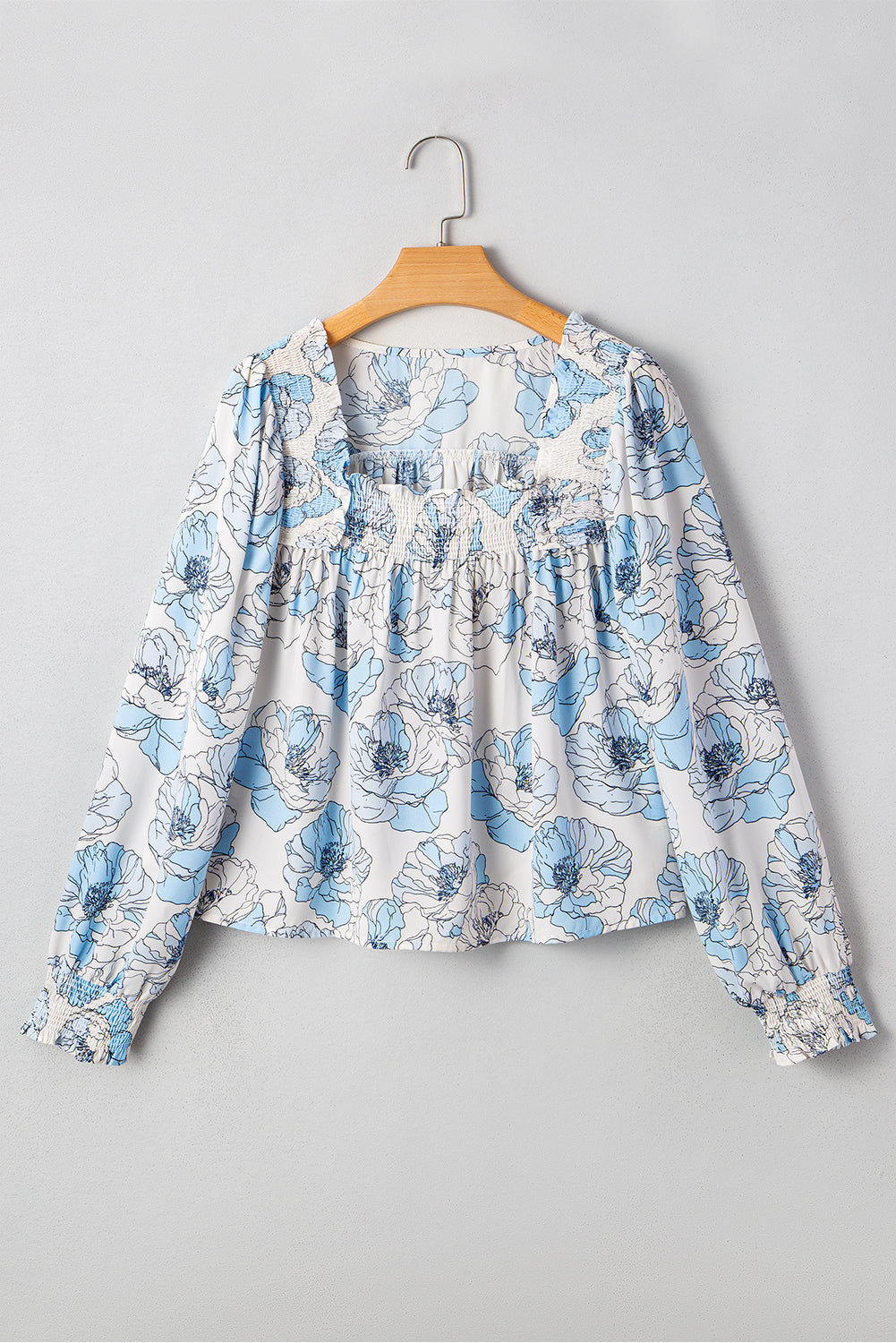 Floral Frilly Smocked Square Neck Long Sleeve Blouse