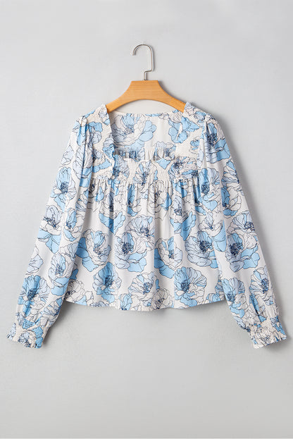 Floral Frilly Smocked Square Neck Long Sleeve Blouse