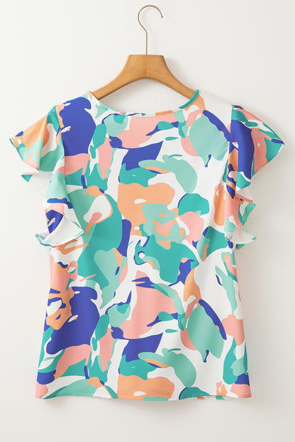 Abstract Ruffle Short Sleeve Blouse