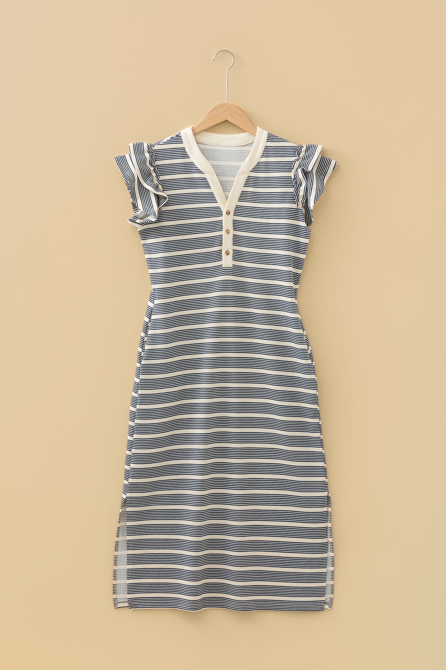 Stripe Ruffle Short Sleeve Contrast Trim Midi Dress