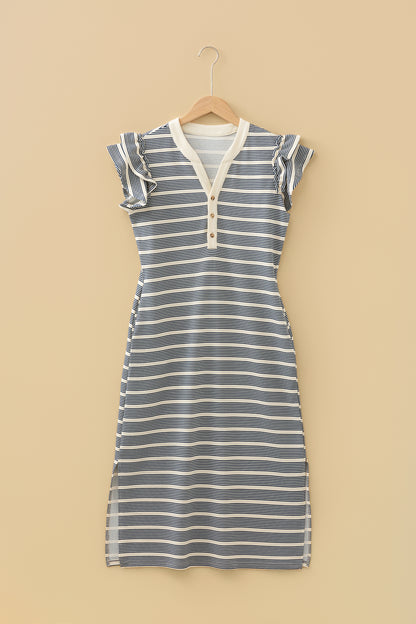 Stripe Ruffle Short Sleeve Contrast Trim Midi Dress